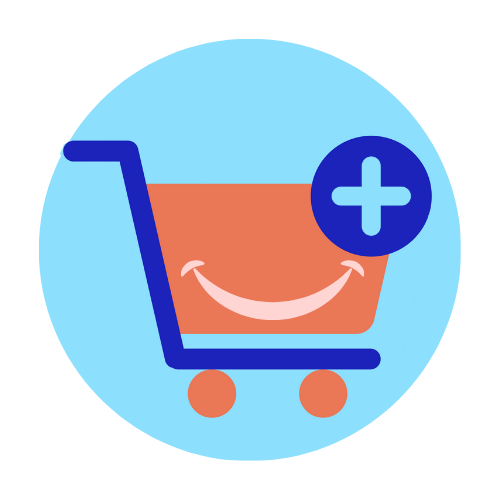 Icon of a shopping trolley with the Amazon smile image representing the ability to conveniently buy the Signage Stick from Amazon.com